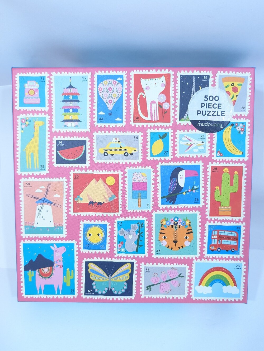 Mudpuppy Puzzle NEW 500 piece Hello From Around the World stamps cat bird floral